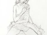 drawing of a woman sitting on the ground with her hands on her knees