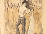 dessin représentant un homme avec un cheval à l'arrière-plan et un autre au premier plan