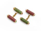 a pair of ruby, emerald and gold cufflinks