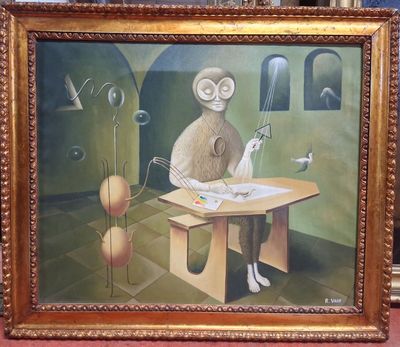 un tableau représentant un homme assis à une table avec un chat