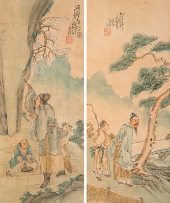 two pictures of a painting of a group of people in a forest