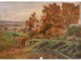 un tableau représentant un paysage avec des arbres et une route
