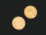 deux pièces d'or portant une tête de femme et une tête d'homme