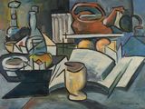 une peinture représentant une nature morte avec une théière et un livre