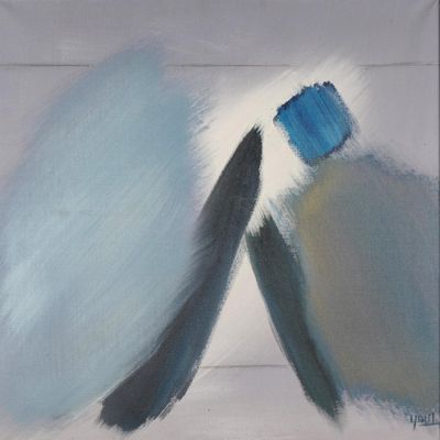 an oil painting of two blue and white objects on a white surface
