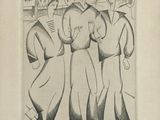 a drawing of three people walking together in the street