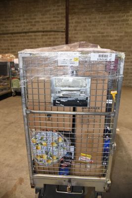 a cart with a lot of boxes on it in a warehouse