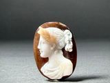 a close up of a white and brown cameo of a woman