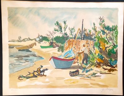 a picture of a painting of a boat on the beach