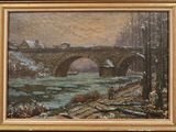 une peinture à l'huile représentant un pont enjambant une rivière dans un cadre boisé