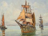 un tableau représentant un bateau sur l'eau, avec d'autres bateaux en arrière-plan