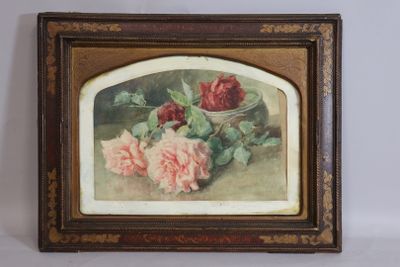 painting of roses in a basket on a table with a white background