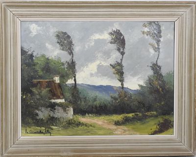une image représentant un tableau d'une maison dans un champ bordé d'arbres