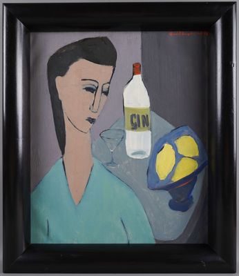 painting of a woman holding a bottle of water and a hat