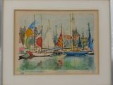 une photo d'une aquarelle représentant des voiliers dans un port