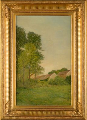 an oil painting of a farm scene with a house in the distance