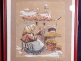 painting of a woman sitting in a chair with a basket of flowers