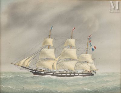 tableau représentant un grand voilier en mer, arborant des drapeaux
