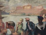 a painting of a group of people sitting on a boat