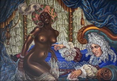 a painting of a woman sitting on a bed next to a man