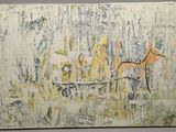 peinture abstraite représentant un chien et un chat dans un champ
