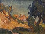 an oil painting of a landscape with trees and a hill