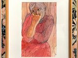 painting of a woman in a red dress eating a hot dog