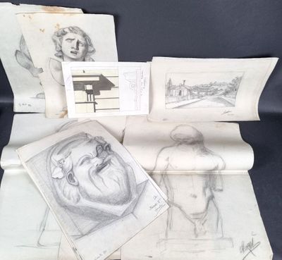 Lot de 18 dessins, études, paysages, à la mine de plomb, sig…