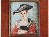 portrait of a lady in a black hat with a red dress and a black hat