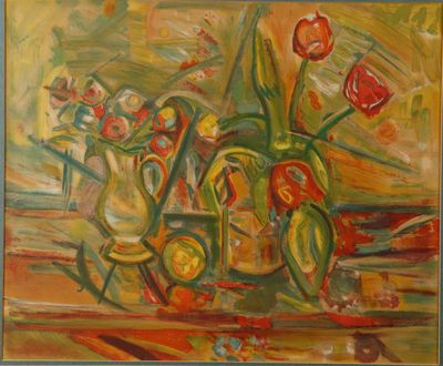 painting of flowers in vases on a table in front of a window