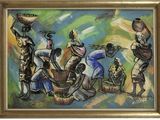 une peinture à l'huile représentant un groupe de personnes portant des paniers sur la tête