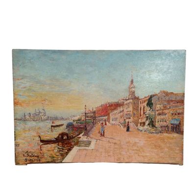 une image représentant une peinture d'une rue de ville avec un bateau sur l'eau