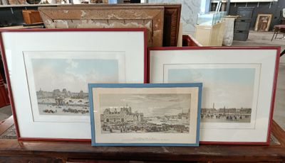 two framed pictures of a city and a picture of a town