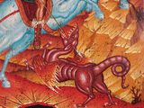 a painting of a man riding a horse with a dragon on it