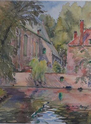 a watercolor painting of a house by the river