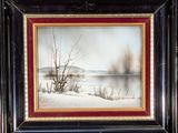painting of a winter scene with a lake and trees in a frame