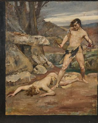 une image représentant un tableau où figurent un homme et une femme dans un paysage rocheux
