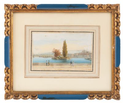 un tableau représentant une vue d'un lac sur lequel des personnes marchent