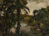 an image of a painting of a river with trees and a bird in the sky