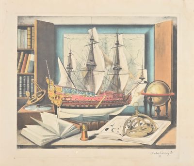 a picture of a painting of a ship in a room
