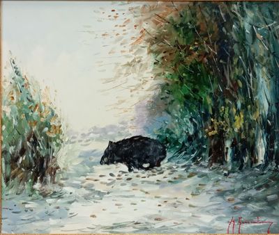 Guy LEGENDRE (né en 1946). "Sanglier traversant dans la neig…