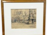 an image of a painting of a street scene with a horse drawn carriage