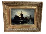 an image of a painting of a windmill by a body of water