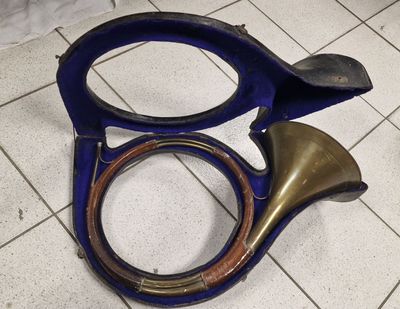a blue instrument that is laying on the floor