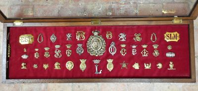 a display case with a lot of badges on it