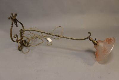 brass plated table lamp with pink glass shade and wire