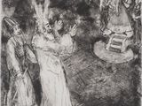a black and white drawing of a man standing in front of a group of people