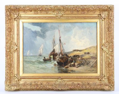 une peinture à l'huile représentant des bateaux sur l'eau près d'un rivage
