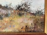une peinture à l'huile d'un champ avec des arbres en arrière-plan