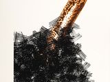 drawing of a giraffe sticking its head out of a pile of food